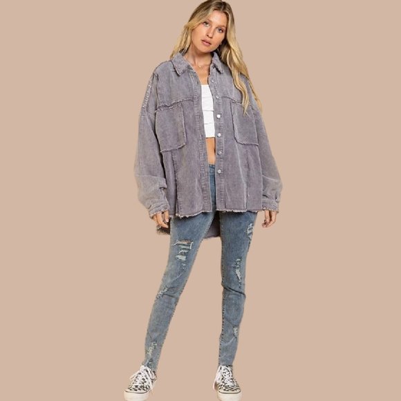 Look Effortlessly Boho Chic POL Grey Violet Corduroy Shirt Jacket Shacket - Picture 2 of 5